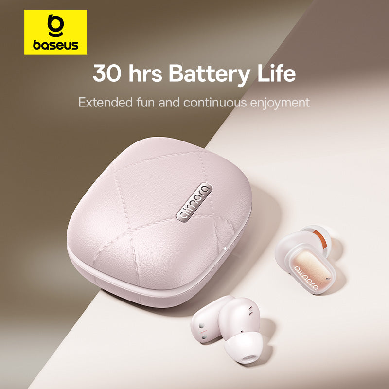 Baseus wireless earbuds with charging case on a light background