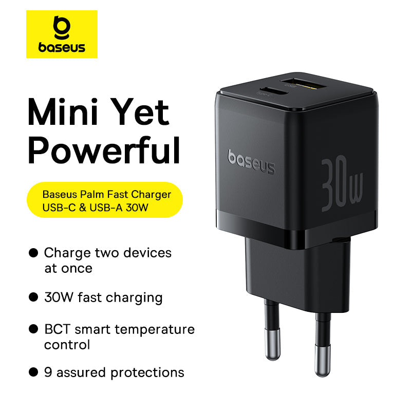 Baseus palm fast charger with USB-C and USB-A ports on a white background