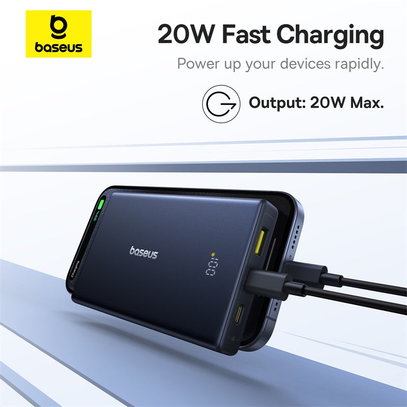 Baseus power bank with 20W fast charging capability on a white background