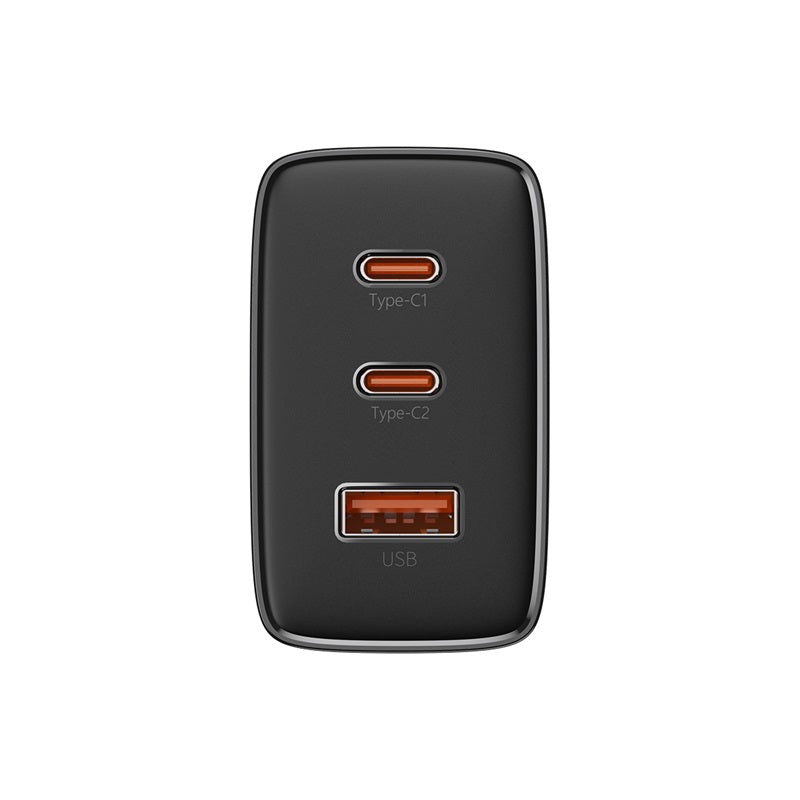 Black charging adapter with multiple ports on a white background