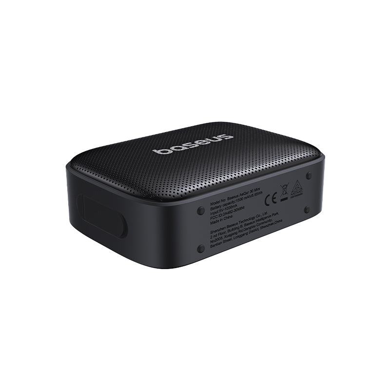 Black portable speaker with 'baseus' branding on a white background