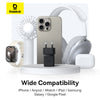 Baseus branded electronic accessories including a phone, watch, headphones, and charger on a white background.