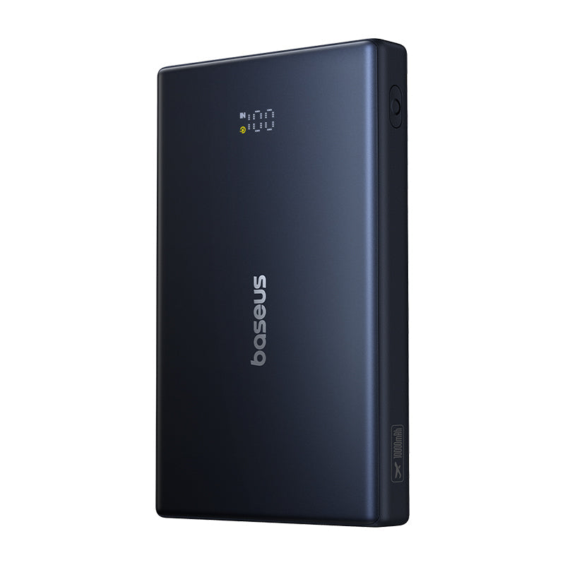 Black power bank with digital display and Baseus branding on a white background