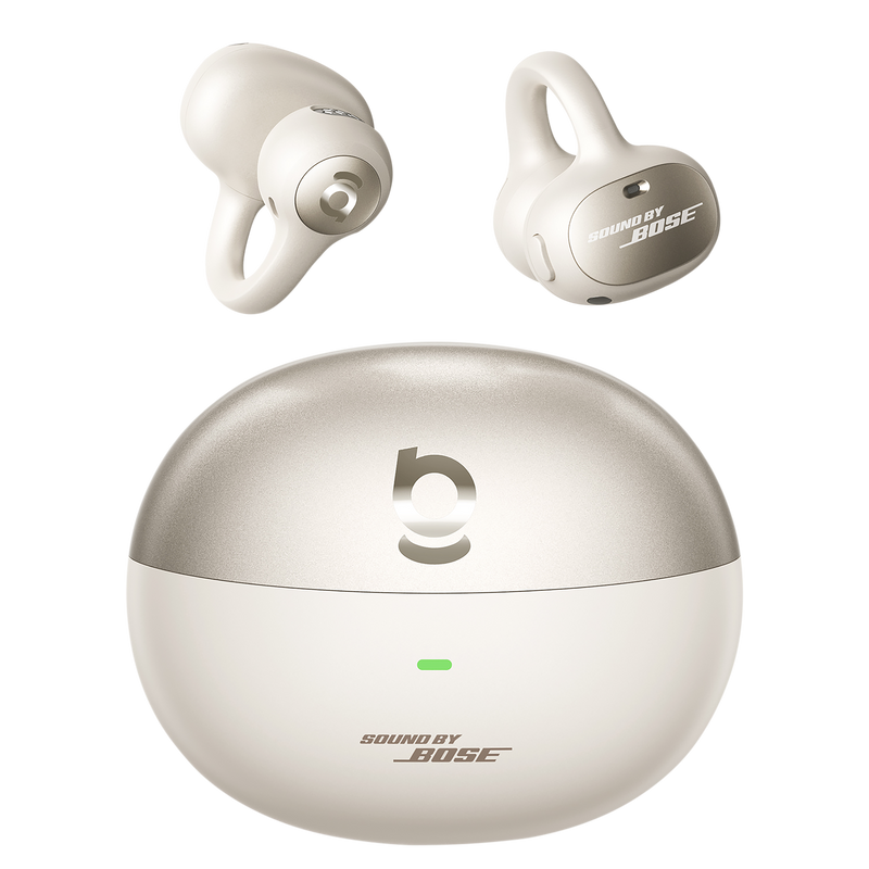 Bose wireless earbuds with charging case on a white background