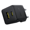 Black power adapter with USB and USB-C ports on a white background