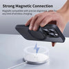 Hand holding a phone with a magnetic feature above a wireless charging pad, text about strong magnetic connection.