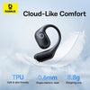 Black Bluetooth earbud with 'Baseus' branding on a light blue background with a feather.