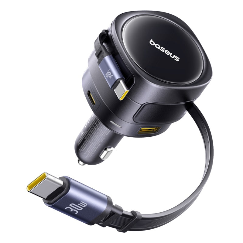 Boseus car charger with USB-C cable on a white background