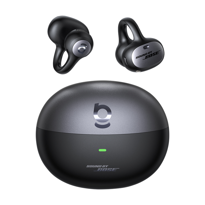 Bose wireless earbuds with charging case on a white background