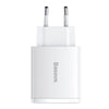 A white Baseus Compact Quick Charger with a EU plug.
