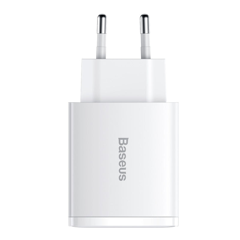 A white Baseus Compact Quick Charger with a EU plug.