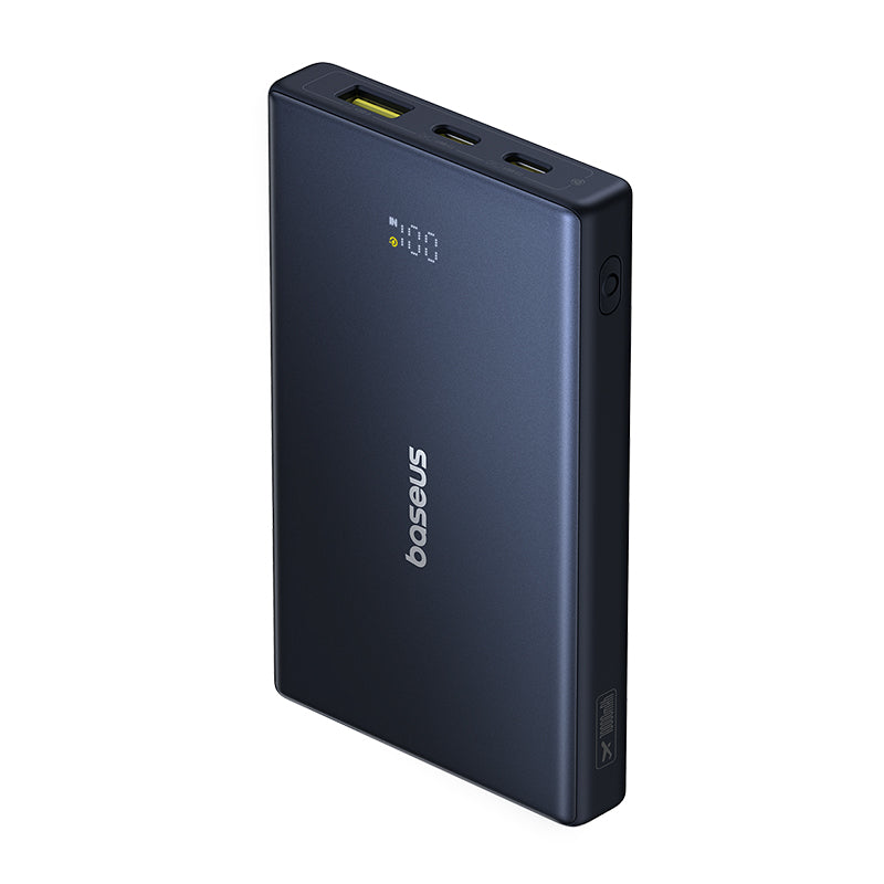 Black power bank with baseus branding on a white background