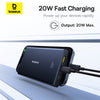 Baseus power bank with 20W fast charging capability on a white background