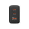 Black charging adapter with multiple ports on a white background