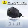 Baseus two-port mini charger with icons for iPhone and headphones on a light blue background