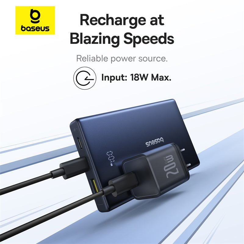 Baseus power bank with charging cable on a white background