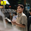 Person using a smartphone with text about 2-mic AI ENC for crystal-clear calls, featuring Baseus branding.