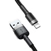 Black USB cable with Apple Lightning connector on a white background